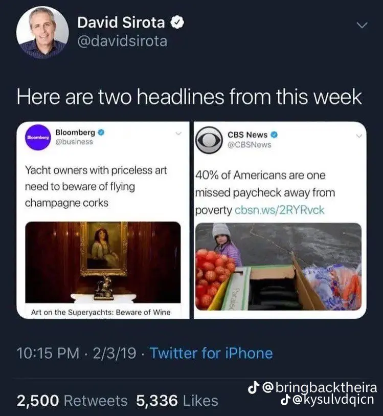 This meme is a screenshot of a Twitter page showing two news headlines from 2020. The first headline reads "Yacht owners with priceless art need to beware of flying champagne corks" and the second headline reads "40% of Americans are one missed paycheck away from poverty". The meme is likely poking fun at the juxtaposition of the two headlines, implying that the wealthy yacht owners are more concerned about their champagne corks than the struggling Americans.